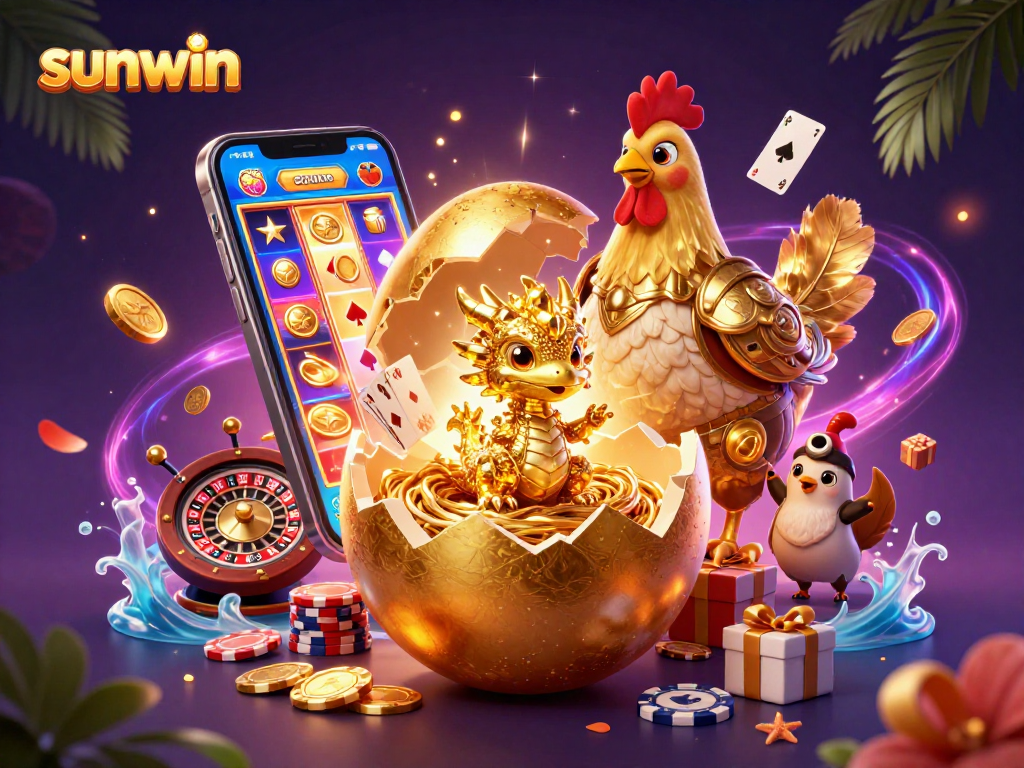 Engage with the sunwin dynamic gaming scene with a golden dragon, poker chips, and vibrant slot game.