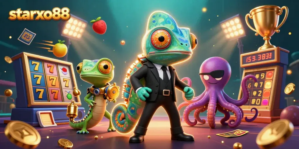 Experience thrilling action with starxo88 as colorful characters engage in dynamic slot games and winning moments.