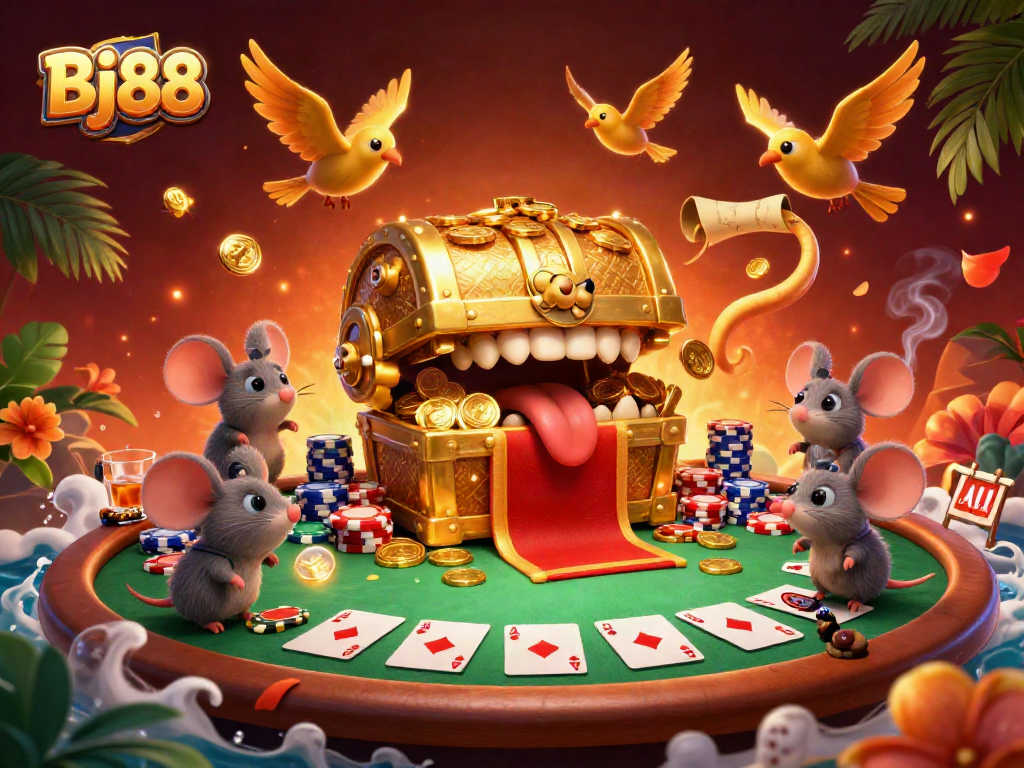 Engage with Bj88's vibrant casino adventure featuring treasure and poker elements.