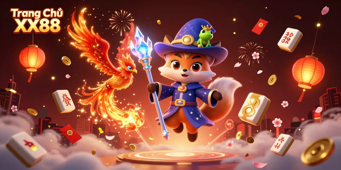 Engage with Trang Chủ XX88's vibrant 3D illustration of a mystical wizard fox, phoenix, and enchanting elements.
