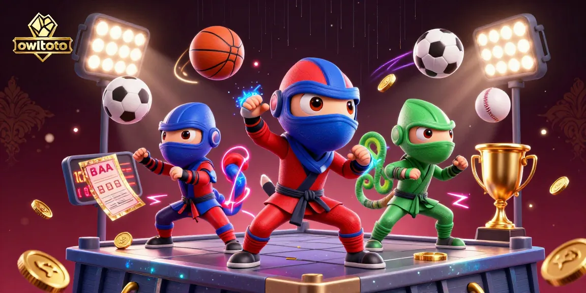 Experience the excitement of owltoto with a vibrant 3D casino scene featuring animated ninja chameleons, sports elements, and dynamic action.