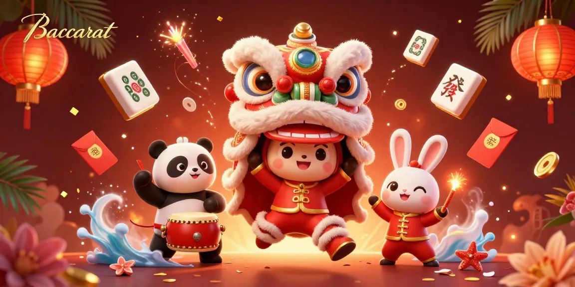 Baccarat table scene featuring lively characters in a Chinese New Year theme, enhancing online casino excitement