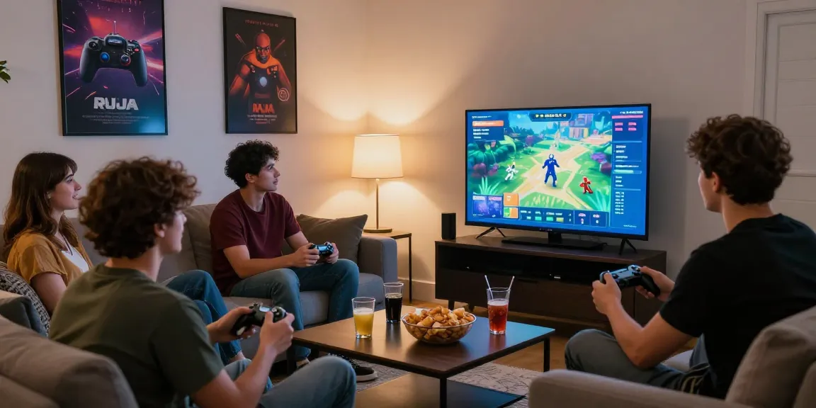 Friends enjoying the Raja Game login on a big screen with gaming controllers.